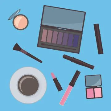 Flat lay cosmetics accessories and cup of coffee. Vanity table. Concept of be Stock Illustration