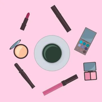 Flat lay cosmetics accessories and cup of coffee. Vanity table. Concept of be Stock Illustration