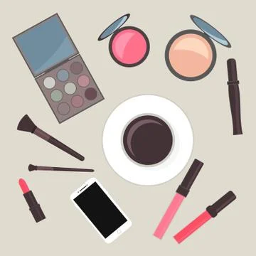 Flat lay cosmetics accessories and cup of coffee. Vanity table. Concept of be Stock Illustration