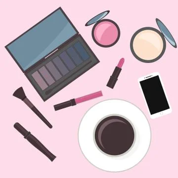 Flat lay cosmetics accessories and cup of coffee. Vanity table. Concept of be Stock Illustration