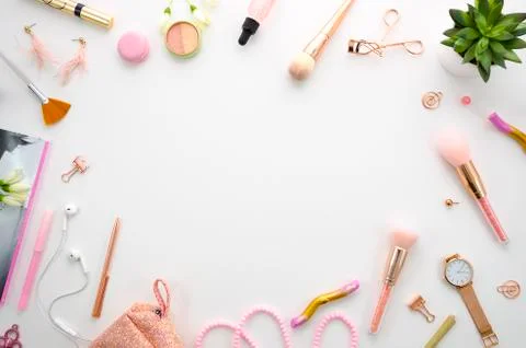 Flat lay cosmetics frame. Copy space for lettering or text. Stock Photos