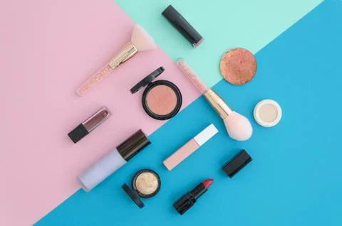 Flat lay Cosmetics for makeup, brush, highlighter, concealer, makeup, lipstick Stock Photos