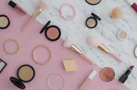 Flat lay Cosmetics for makeup, eye shadow, brush, highlighter, concealer, makeup Stock Photos