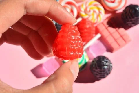 Flat lay cotton candy, candy, chocolate, lollipops Stock Photos