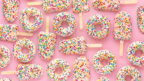 Flat lay of creative concept of popsicles and donuts with sprinkles and icing Stock Photos