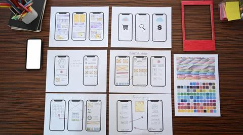 Flat lay creative designer workplace with wireframe sketches for mobile Foto stock