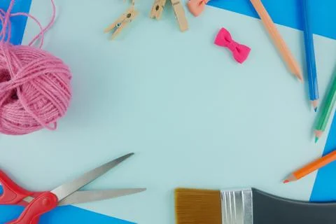 Flat lay creative desk Stock Photos