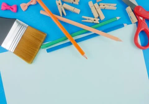 Flat lay creative desk Stock Photos
