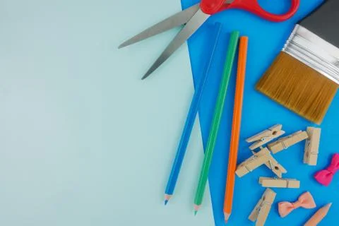 Flat lay creative desk Stock Photos