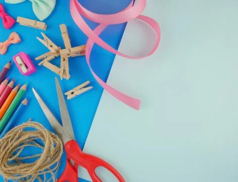 Flat lay creative desk Stock Photos