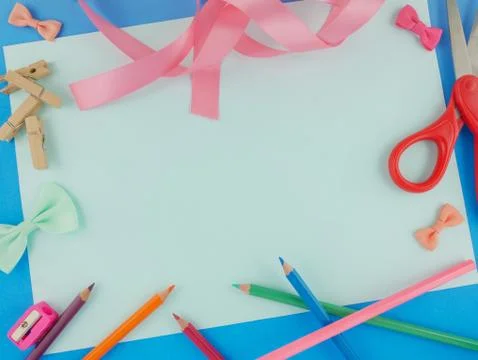 Flat lay creative desk Stock Photos