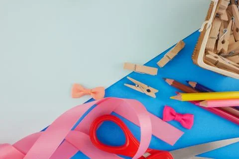 Flat lay creative desk Stock Photos