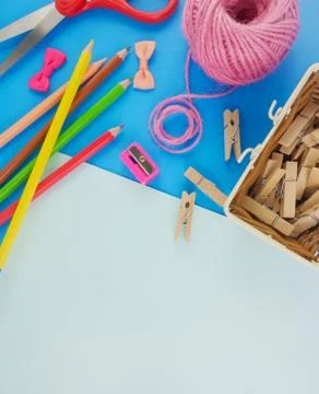 Flat lay creative desk Stock Photos