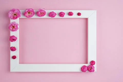 Flat lay, creative layout of white frame with blossoms and buds of sakura a.. Stockfoto's