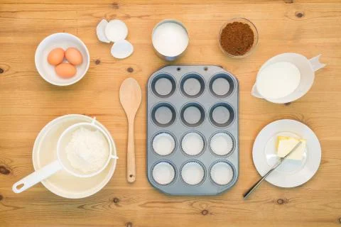 Flat lay Cup cake making ingredients. Stock Photos