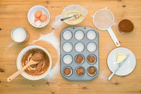 Flat lay Cup cake making mixture Stock Photos