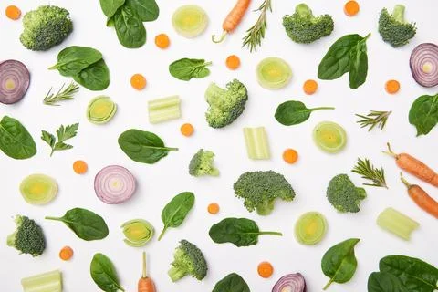 Flat lay cut vegetables white Stock Photos