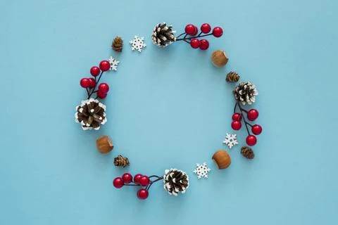 Flat lay cute winter wreath elements Stock Photos