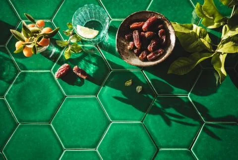 Flat-lay of dates and fresh drinking water for Ramadan month Stock Photos