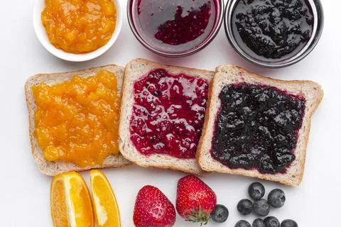 Flat lay delicious jam bread Stock Photos