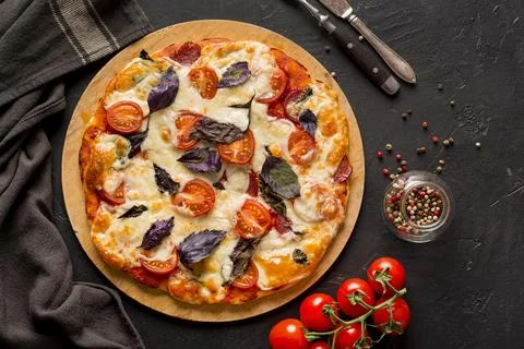 Flat lay delicious pizza concept Stock Photos