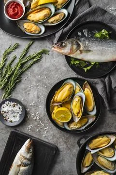 Flat lay delicious seafood composition3 Stock Photos