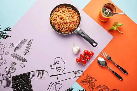Flat lay delicious spaghetti tomato Stock Photos