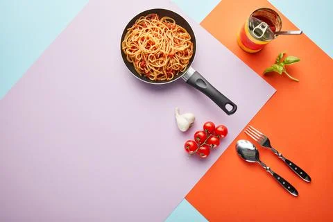 Flat lay delicious spaghetti tomato Stock Photos