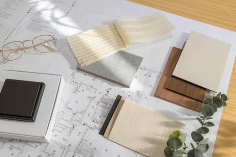 Flat lay design of creative moodboard composition with samples materials Foto stock