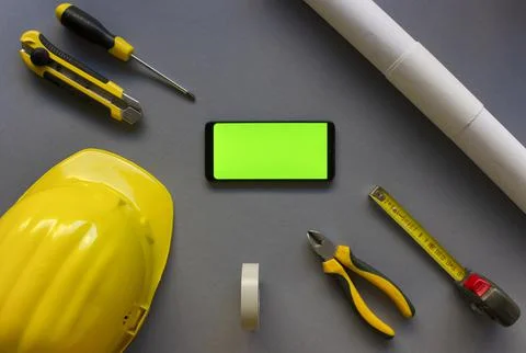 Flat lay design engineering and construction concept on grey background with  Stock Photos