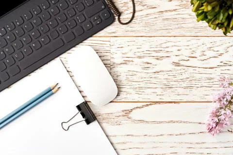 Flat lay design of the modern desktop for the creative engineer who works remote Stock Photos