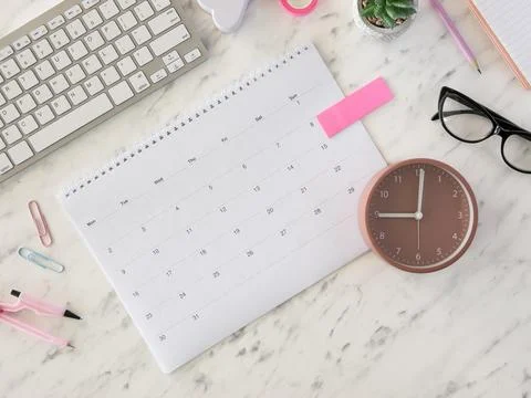 Flat lay desk calendar clock Stock Photos