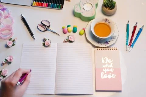 Flat lay desk Stock Photos