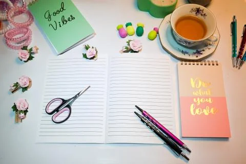 Flat lay desk Stock Photos