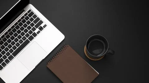Flat lay desktop with laptop cup coffee. High quality photo Stock Photos