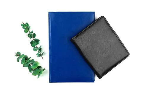 Flat lay desktop, office workspace with leather notebooks and dried green flo Stock Photos