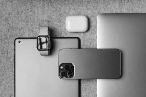 Flat Lay of different apple products on a grey background. Stock Photos