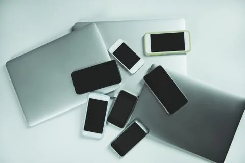 Flat lay of different digital gadgets isolated on white background Stock Photos