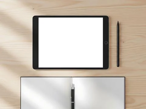 Flat lay of digital tablet notebook and pen on wooden surface Stock Photos