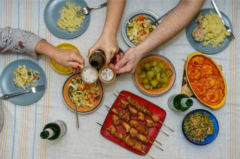 Flat lay, dining table, side dish, kebabs, steak, frame, grill, health, barbe 写真素材