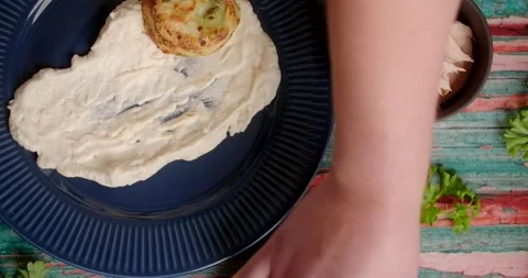 Flat lay dish cooking: potatoe gratens with fish fillet and mustard sauce Stock Footage 219920022