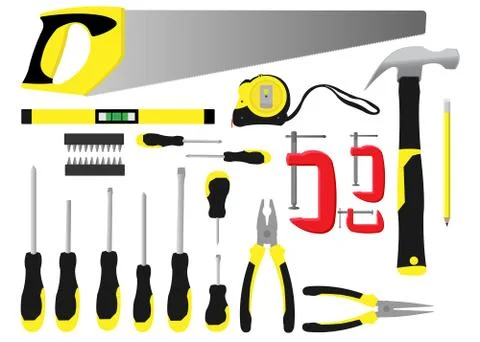 Flat lay display of a workman's black and yellow toolkit vector illustration Stock Illustration