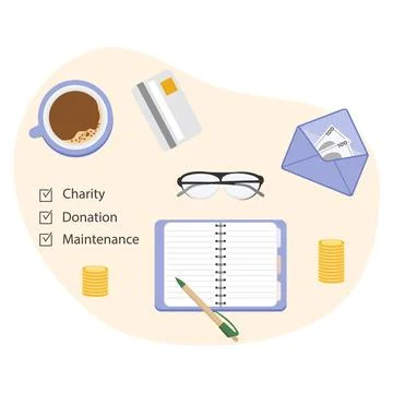 Flat lay of donation planning with notebook, coins, and credit card, suitab.. Stock Illustration