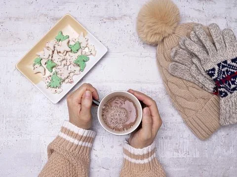 Flat lay of drinking hot cocoa. Stock Photos