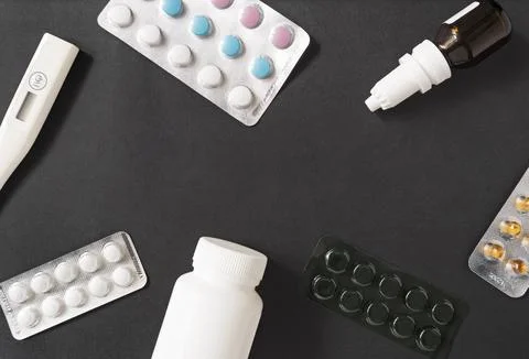 Flat lay of drugs 스톡 사진