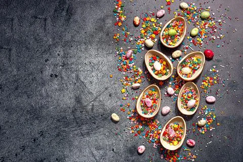 Flat lay Easter chocolate eggs with colorful sweets on grey background Stock Photos