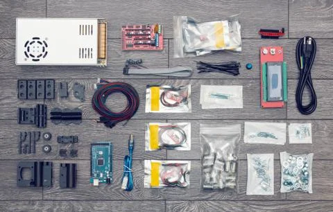 Flat lay of electronic and mechanical parts and components of DIY device Foto stock