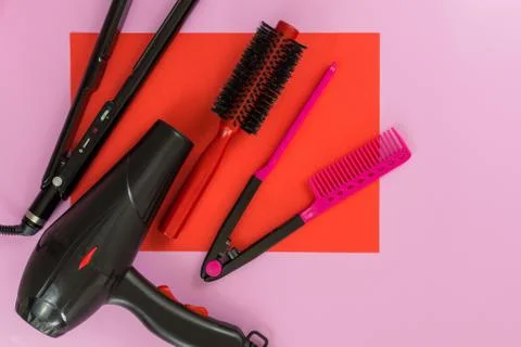 Flat lay of elements for hairdressing Stock Photos