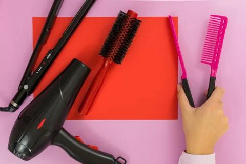 Flat lay of elements for hairdressing Stock Photos