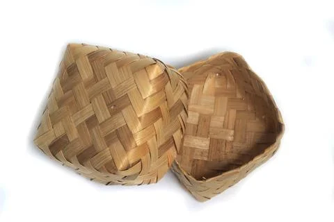Flat Lay, Empty Besek is box or Container Food Box, made from woven bamboo at Stock Photos